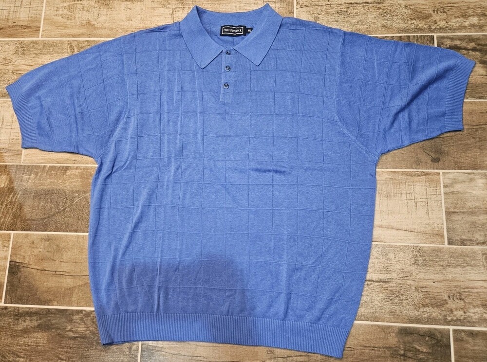 Paul Fredrick Men's XXL Silk Knit Polo Shirt - Blue Grid Textured